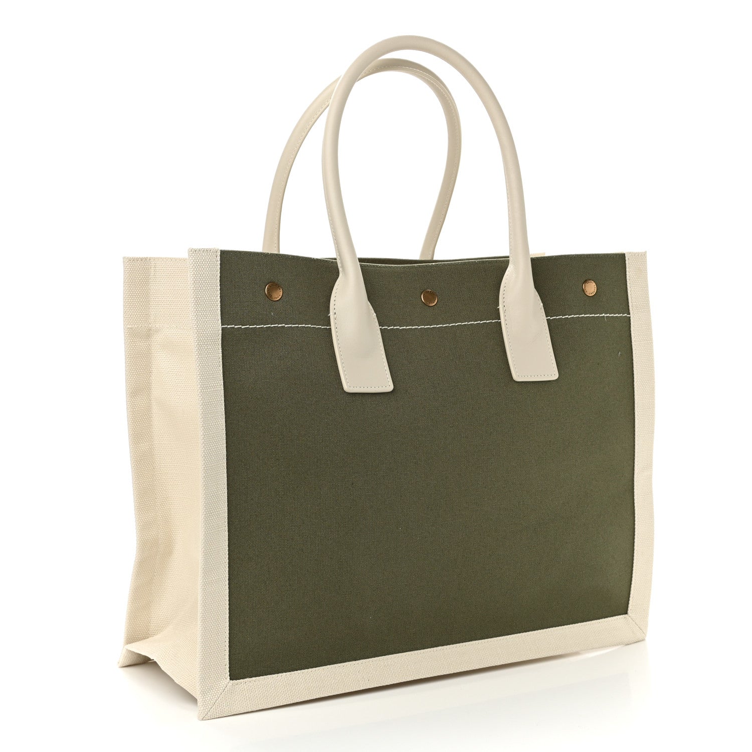 Saint Laurent Linen Calfskin Small Rive Gauche Tote Military Green Blanc Vintage 3 of 10