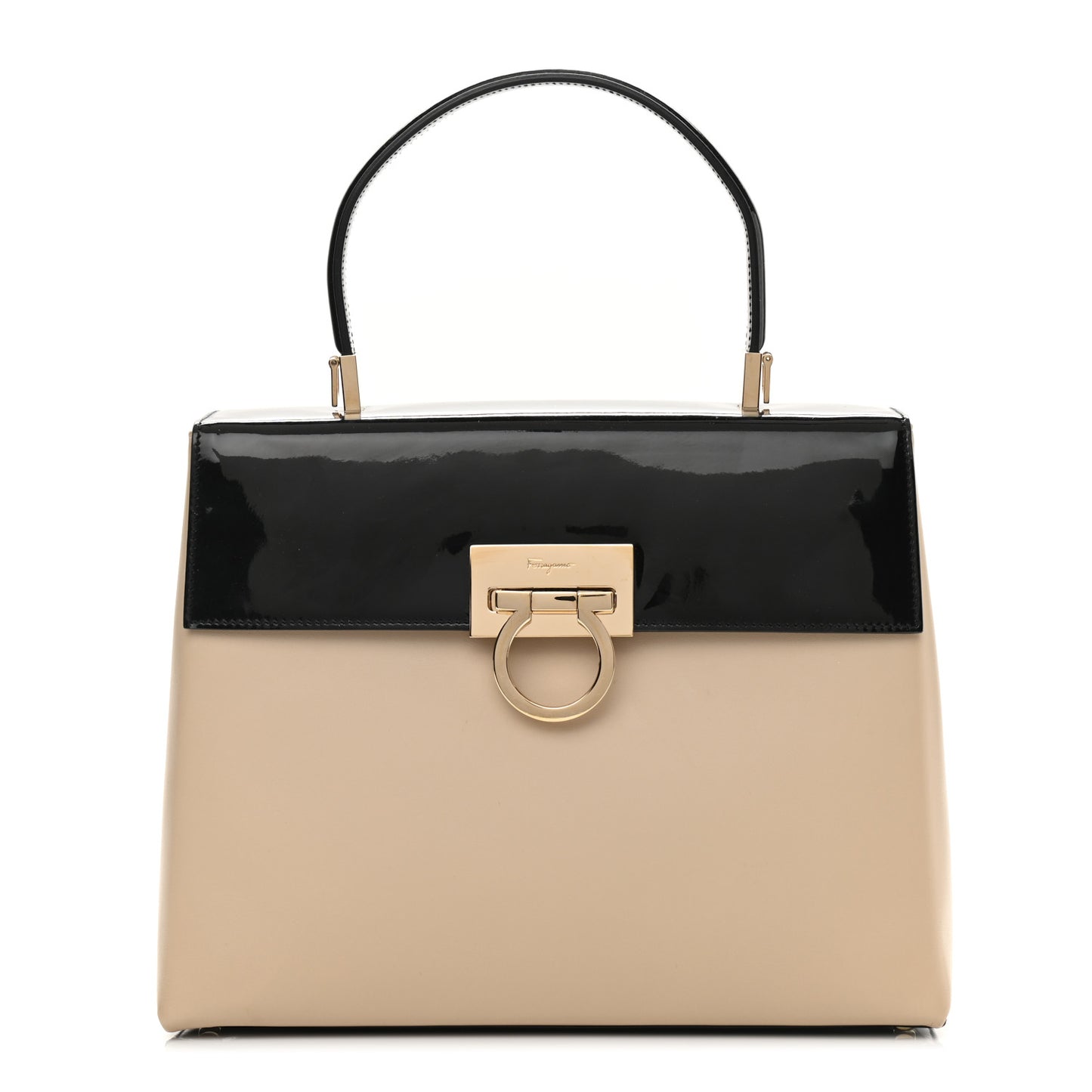 Patent Calfskin Gancini Top Handle Black Beige