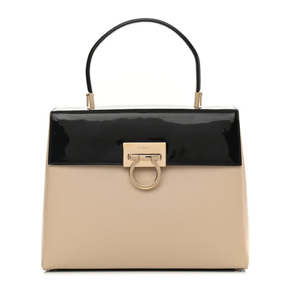 Salvatore Ferragamo Patent Calfskin Gancini Top Handle Black Beige 1 of 9