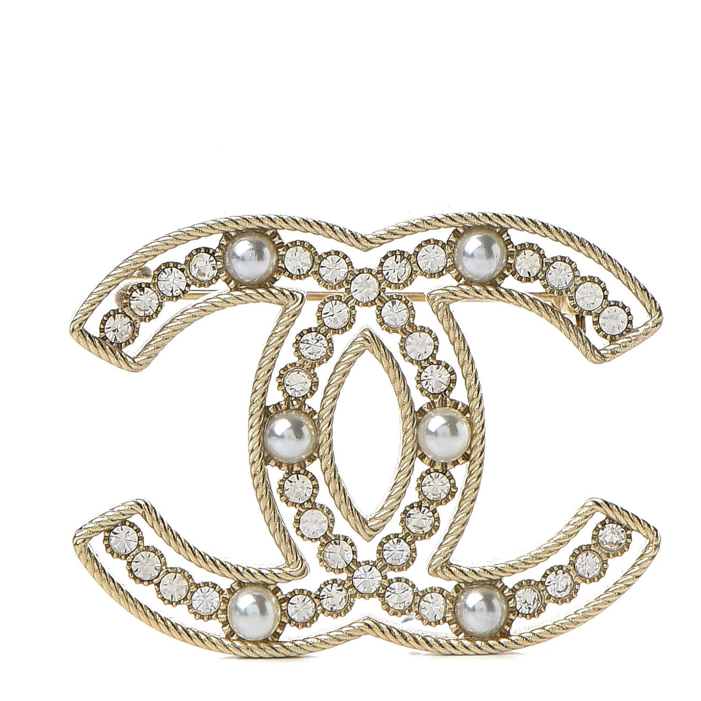 Pearl Crystal CC Brooch Gold