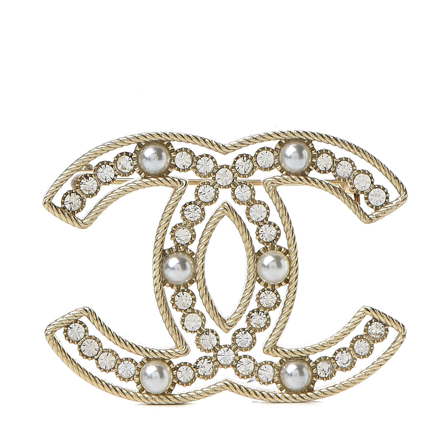 Chanel Pearl Crystal CC Brooch Gold 1 of 4