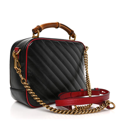 Gucci Vintage Effect Calfskin Matelasse Diagonal Small Torchon GG Marmont Bamboo Top Handle Shoulder Bag Black Romantic Cherry 3 of 16