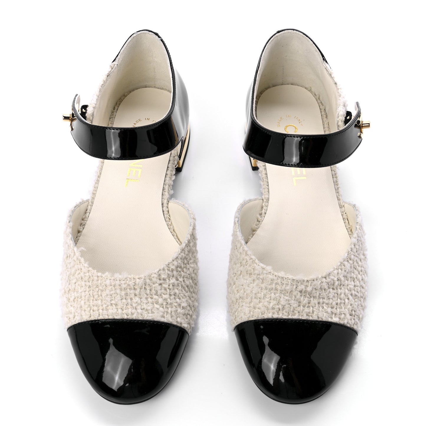 Tweed Patent Cap Toe Ballerina Flats 38 White Black
