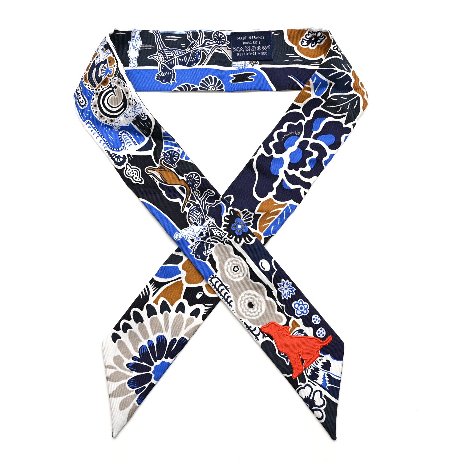 Hermes Silk Bingata Sticker Twilly Marine Tabac Bleu Vif 1 of 4