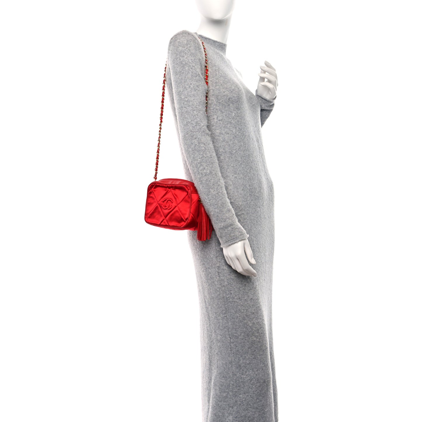 Satin Quilted CC Tassel Camera Case Red