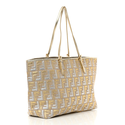 Fendi Metallic Canvas Zucca Roll Tote Beige Oro 3 of 18