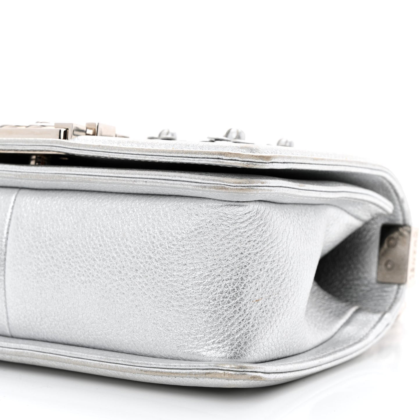 Metallic Calfskin Camellia Quilted Small Boy Flap Silver