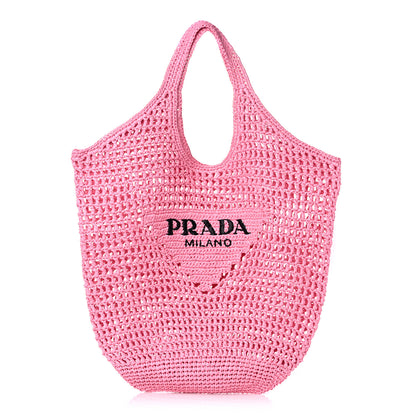 Prada Yarn Raffia Effect Crochet Logo Embroidered Shopping Tote Bag Petalo 1 of 8