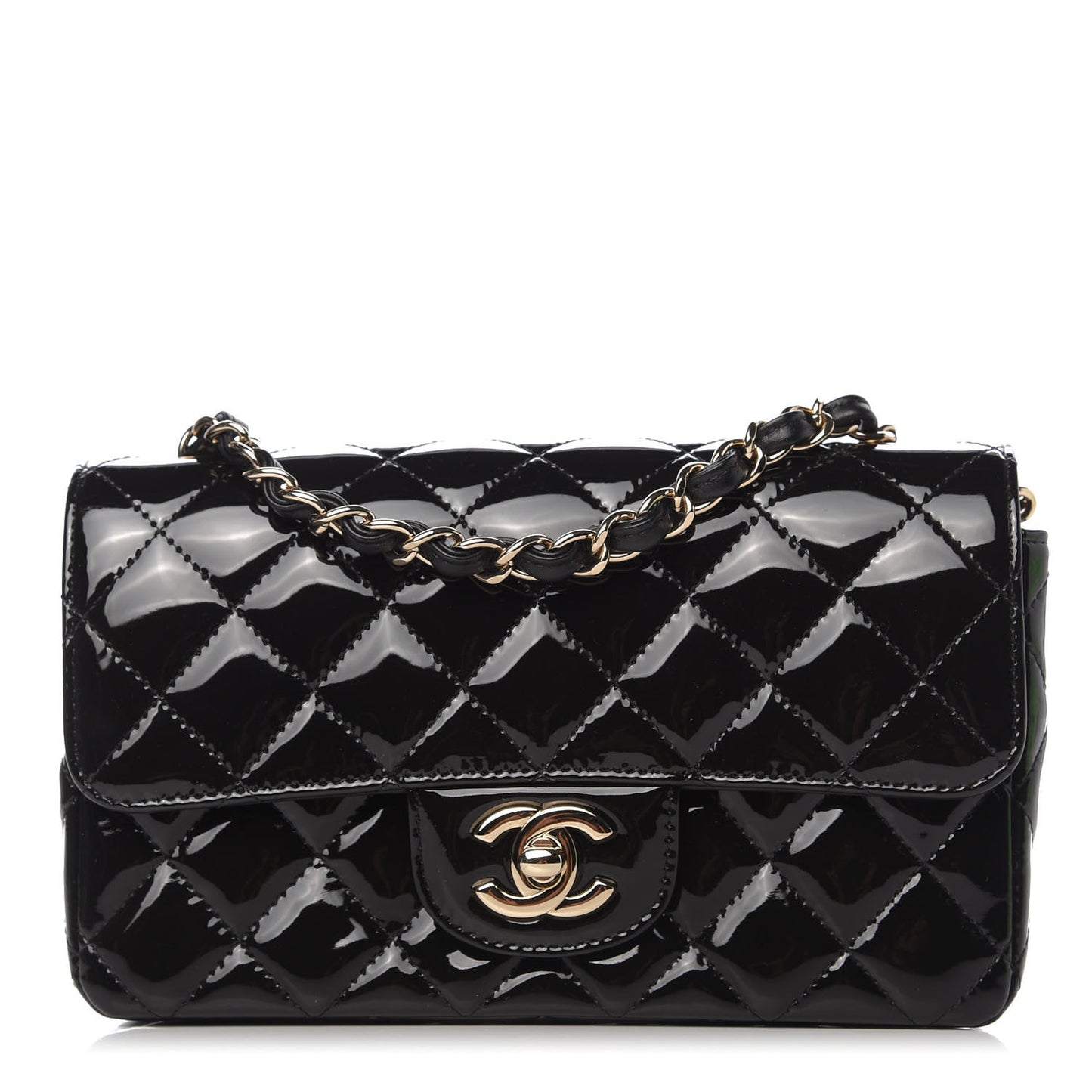Patent Calfskin Quilted Mini Rectangular Flap Black