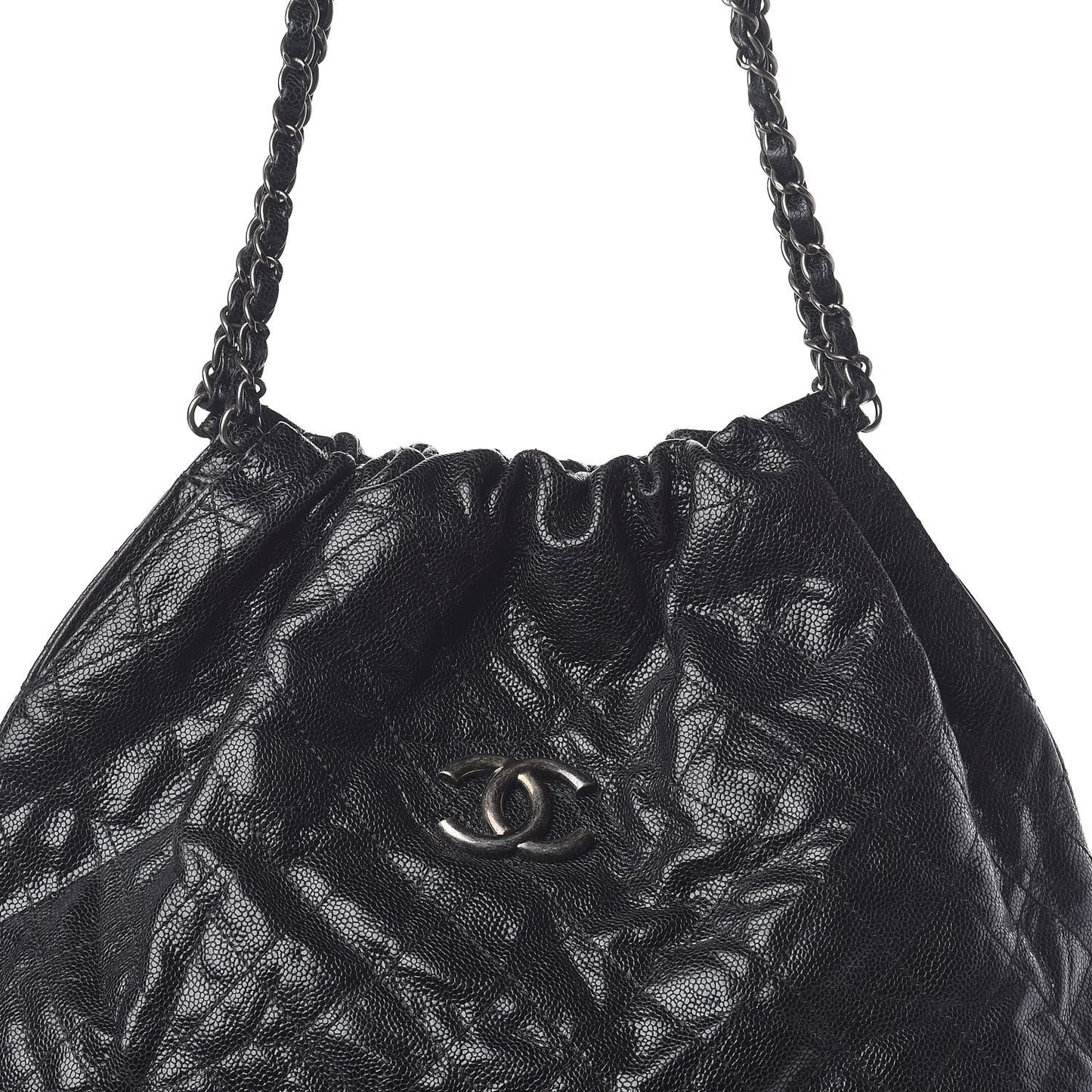 Distressed Glazed Caviar Quilted Large Elastic Tote Black