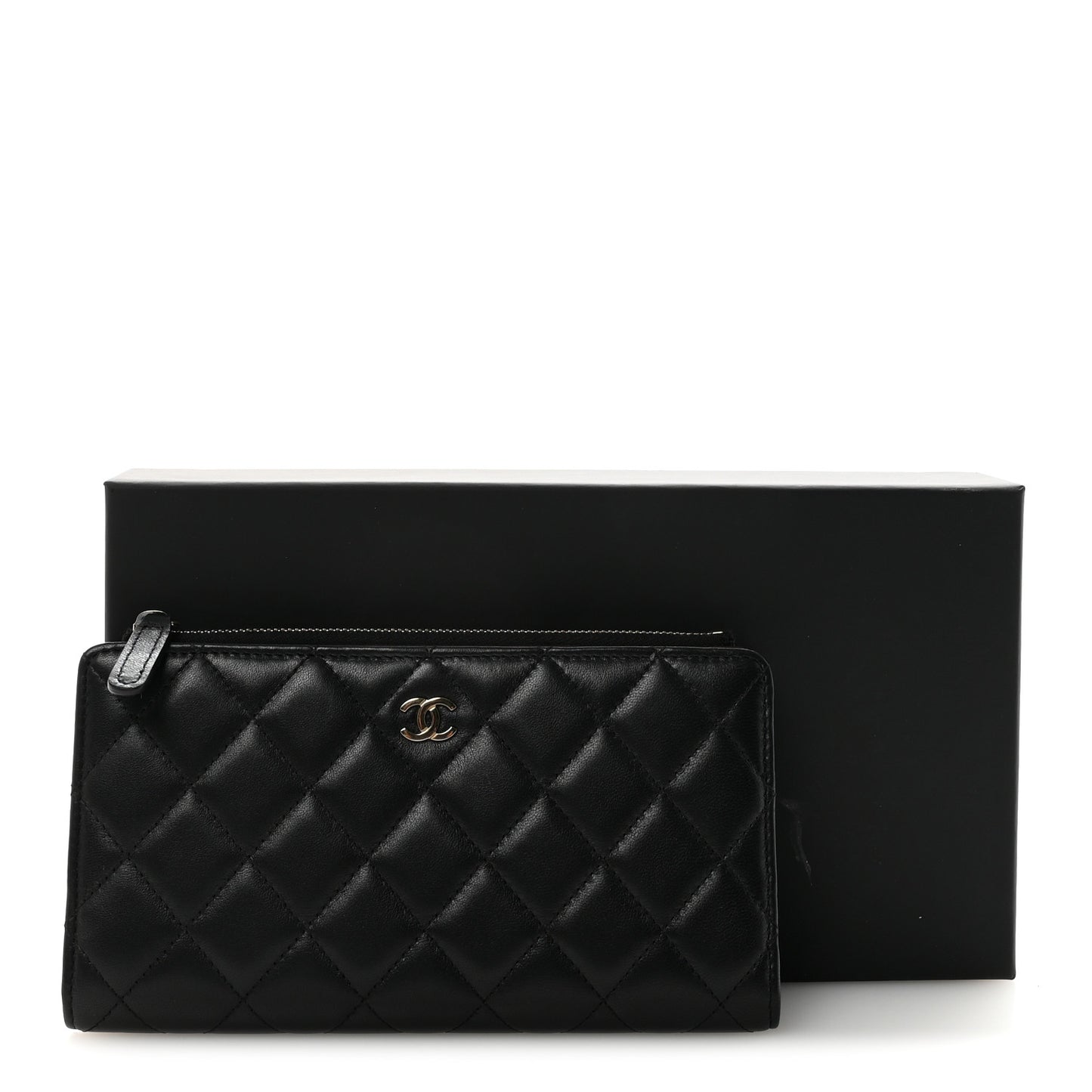 Lambskin Quilted Long Zip Wallet Black