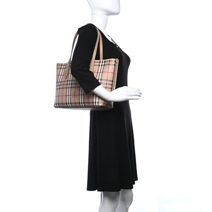 Burberry Grainy Calfskin Haymarket Check Small Reversible Tote Camel 2 of 15