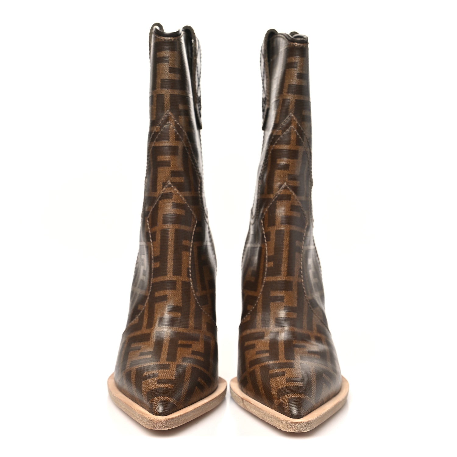 Fendi Glazed Fabric FF 1974 Cutwalk Ankle Boots 36 Mogano Panna 2 of 8