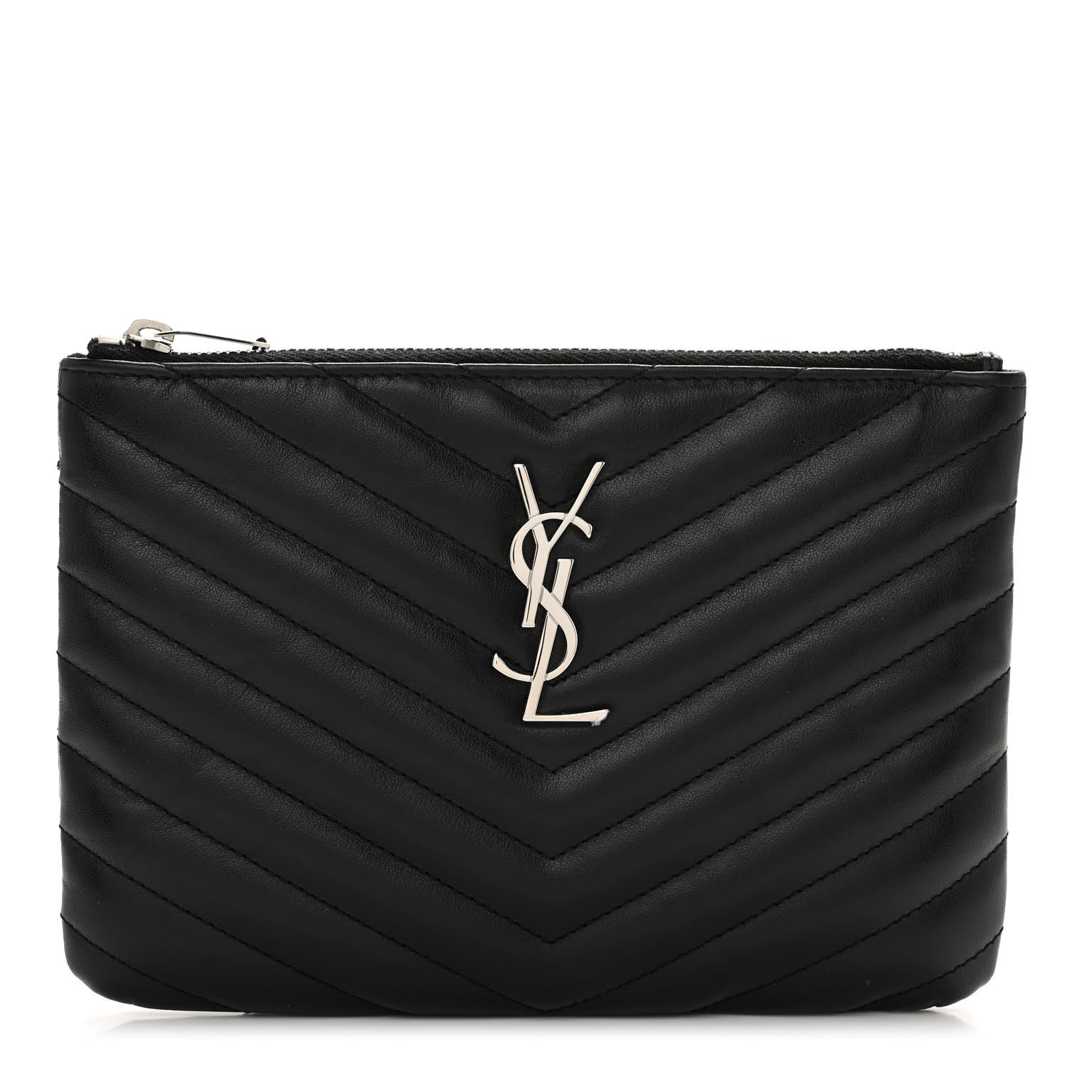 Saint Laurent Calfskin Matelasse Chevron Monogram Pouch Black 1 of 8