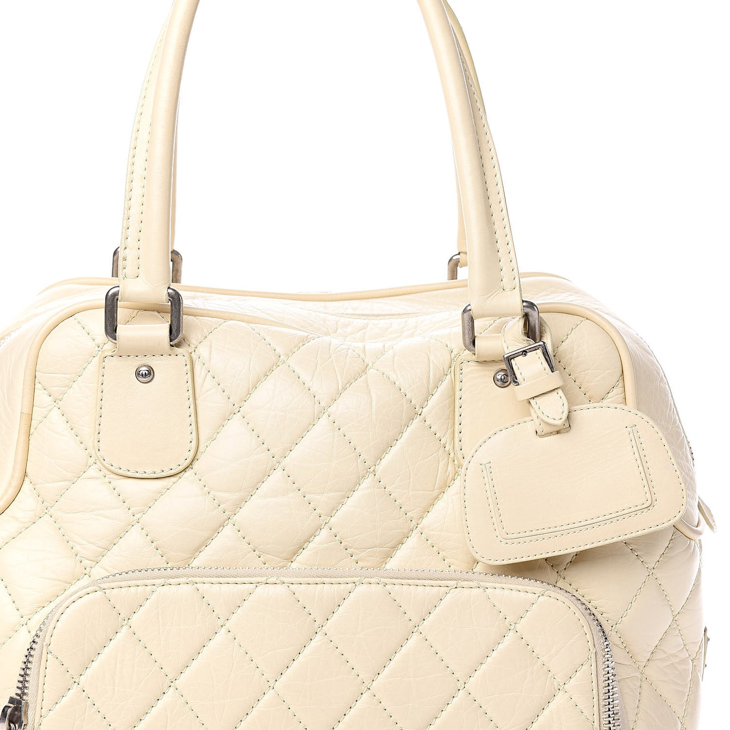 Distressed Lambskin Quilted Paris New York PNY Medium Travel Bag Ivory