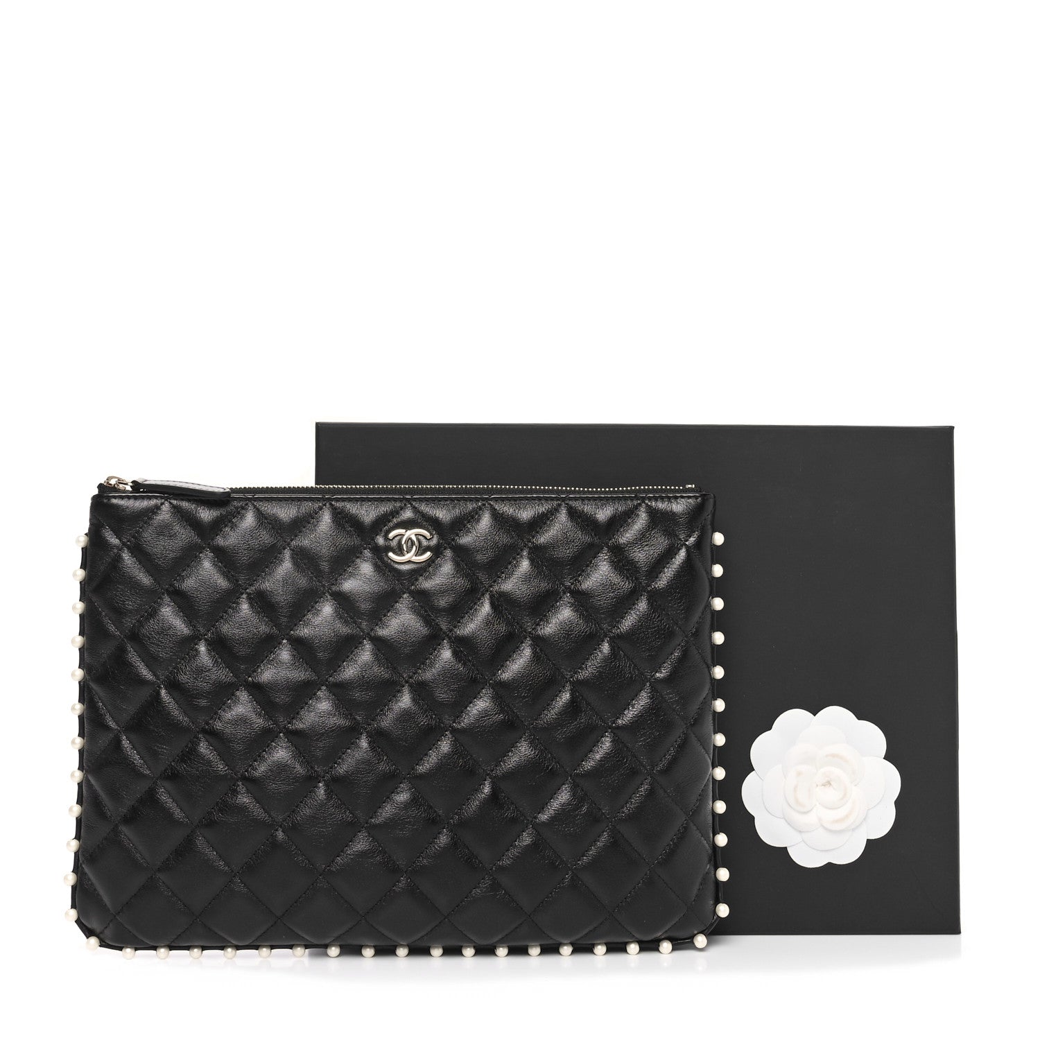 Chanel Calfskin Quilted Pearl Medium Cosmetic Case Black 11 of 11