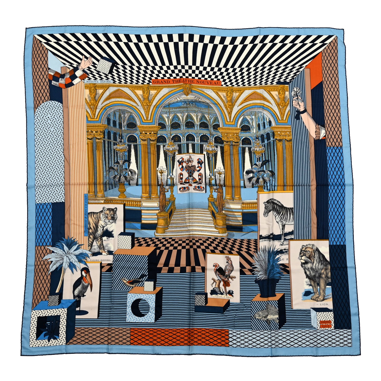 Cashmere Silk Grand Theatre Nouveau Shawl 140 Bleu Gold White
