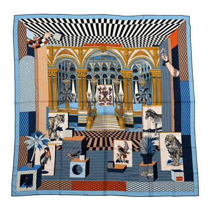 Hermes Cashmere Silk Grand Theatre Nouveau Shawl 140 Bleu Gold White 1 of 5