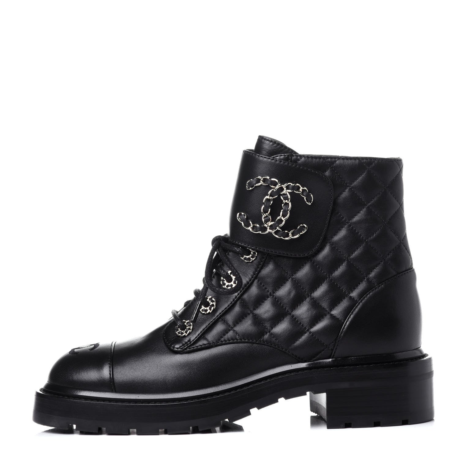 Chanel Shiny Lambskin Quilted Lace Up Combat Boots 38 Black 1 of 12