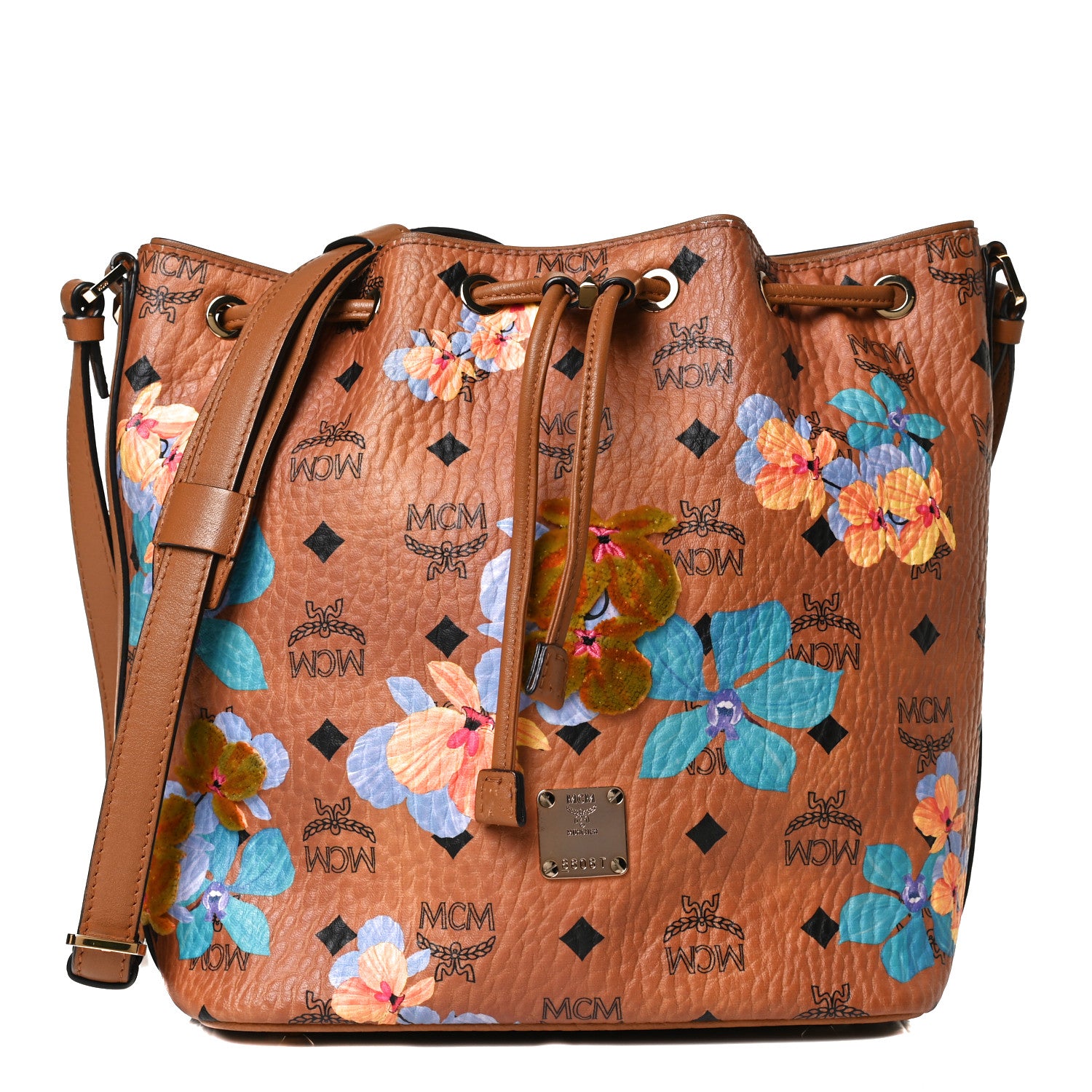 MCM Visetos Floral Print Small Drawstring Bucket Bag Cognac 1 of 14