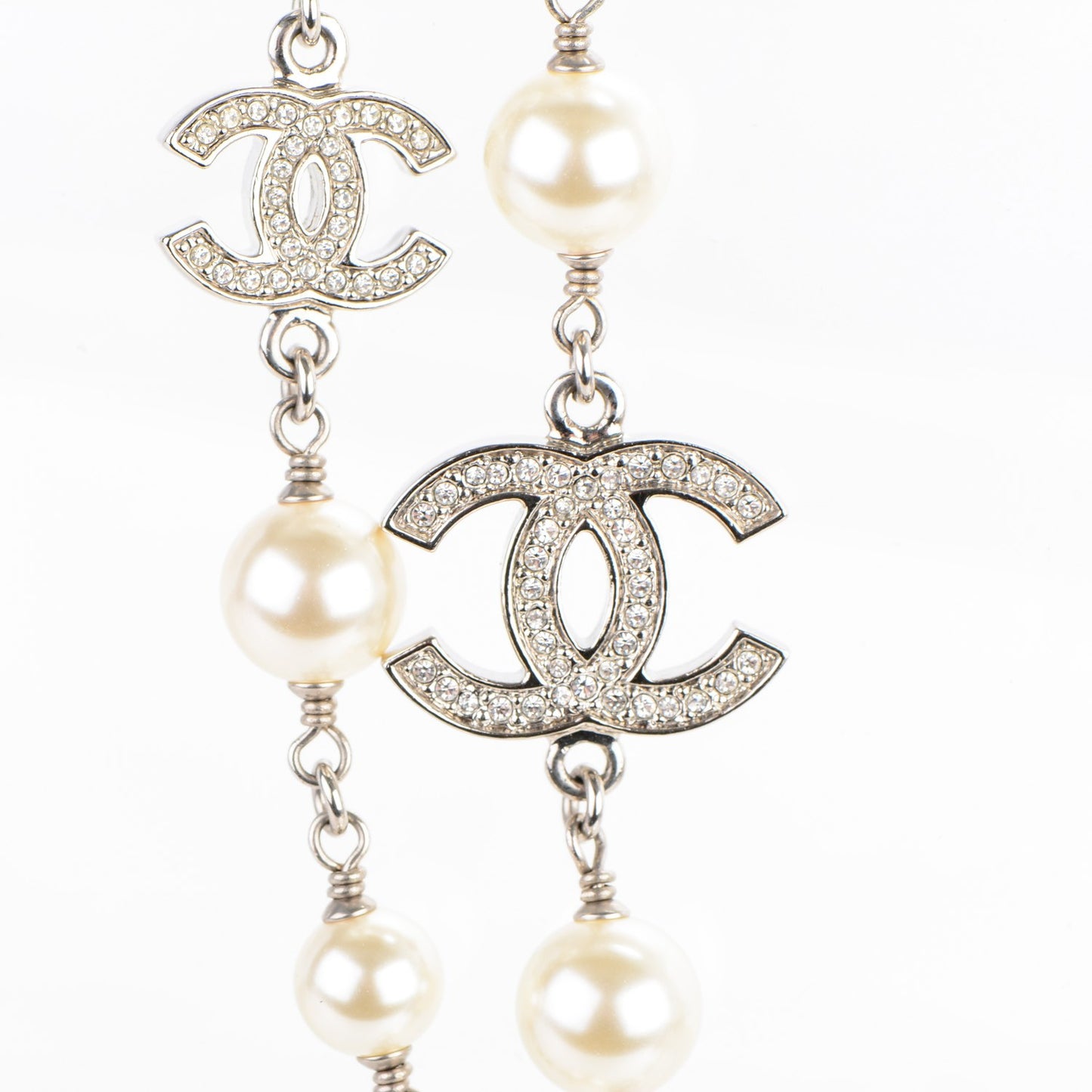 Crystal Pearl CC Long Necklace Silver