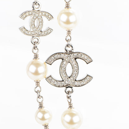 Chanel Crystal Pearl CC Long Necklace Silver 3 of 5