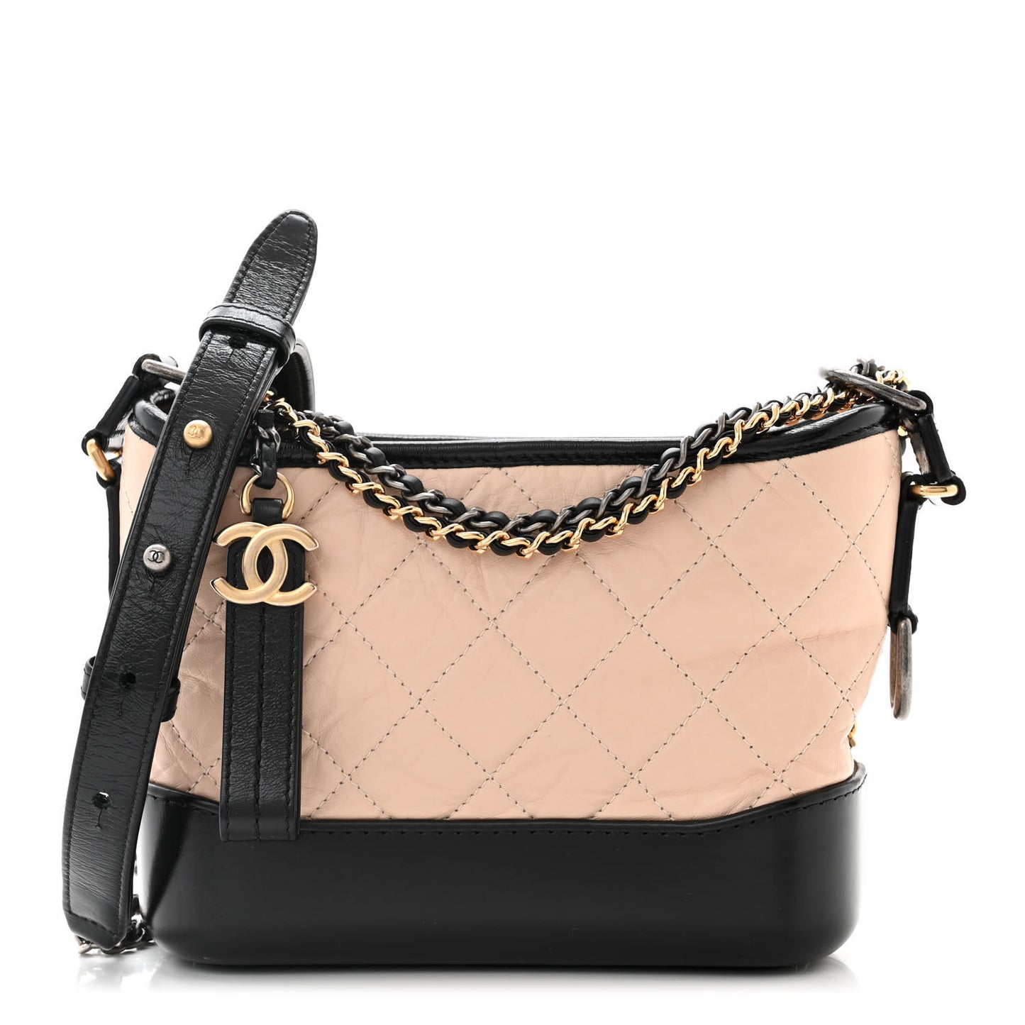 Aged Calfskin Quilted Small Gabrielle Hobo Beige Black