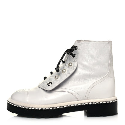 Chanel Crackled Calfskin Pearl Chain CC Combat Short Boots 36.5 White 1 of 9