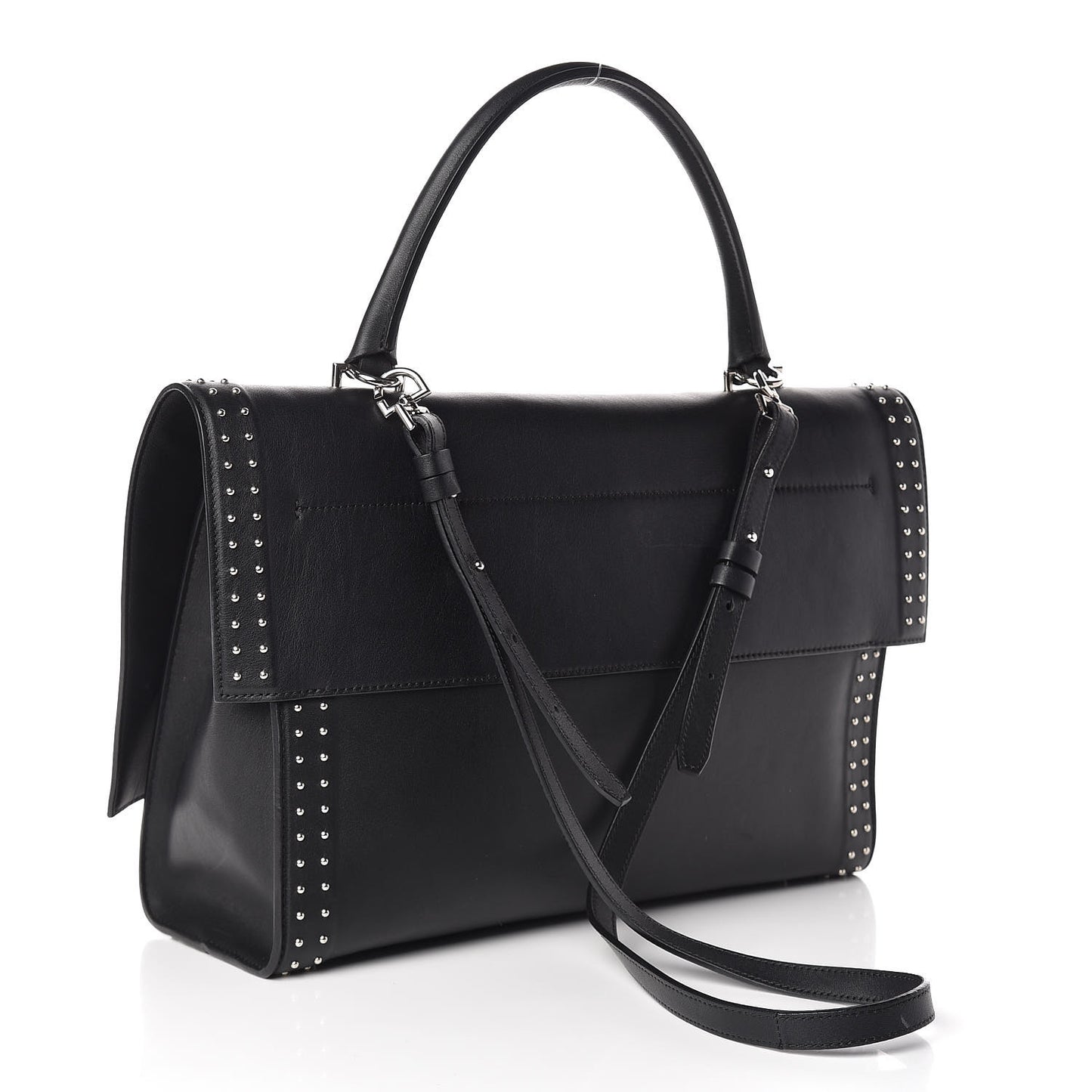 Grained Calfskin Studded Medium Shark Lock Satchel Black