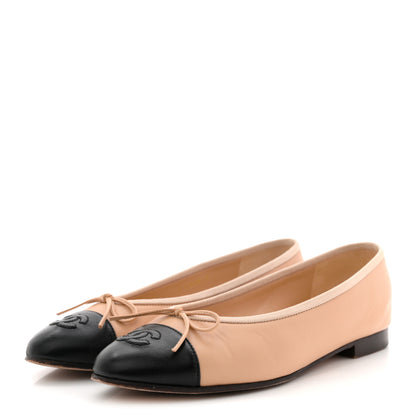 Chanel Lambskin Cap Toe CC Ballerina Flats 36 Beige Black 4 of 15