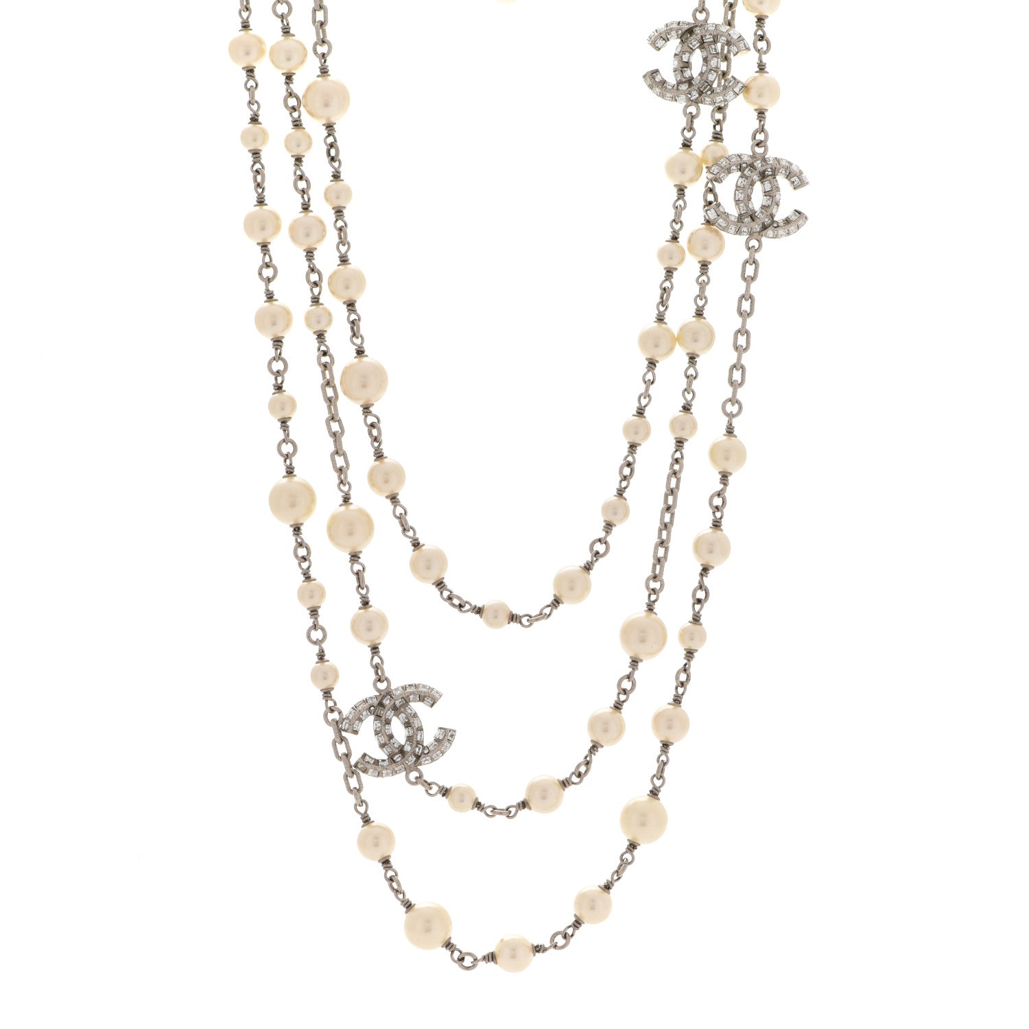 Chanel Pearl Baguette Crystal CC Long Necklace Silver 1 of 5