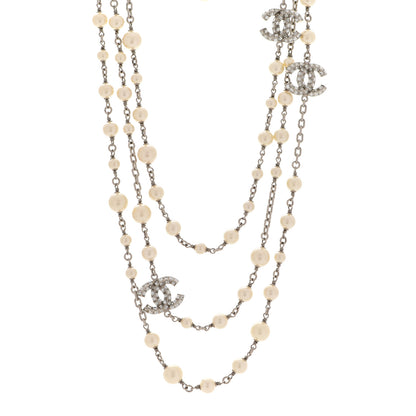 Chanel Pearl Baguette Crystal CC Long Necklace Silver 1 of 5