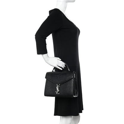 Saint Laurent Calfskin Crocodile Embossed Medium Classic Monogram Cassandra Top Handle Black 2 of 9
