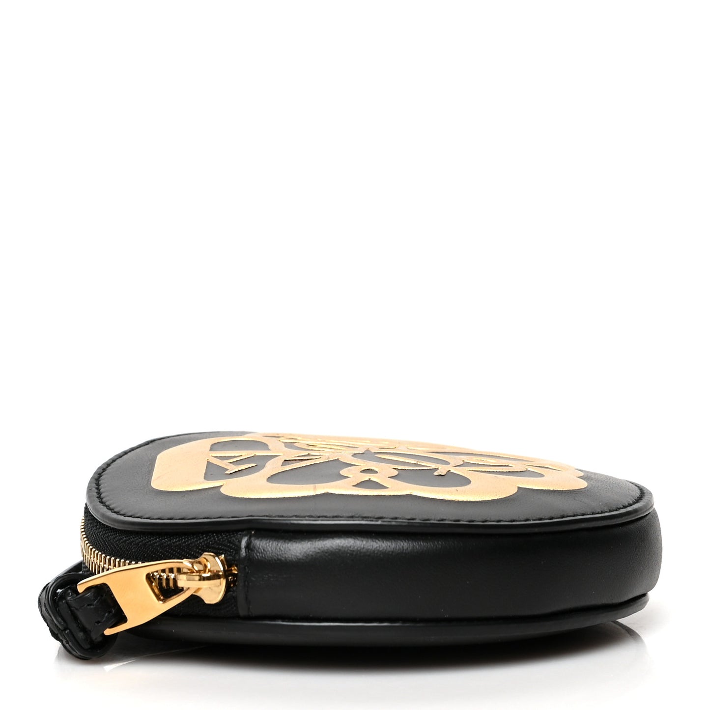 Calfskin Curve Zip Coin Purse Black Gold