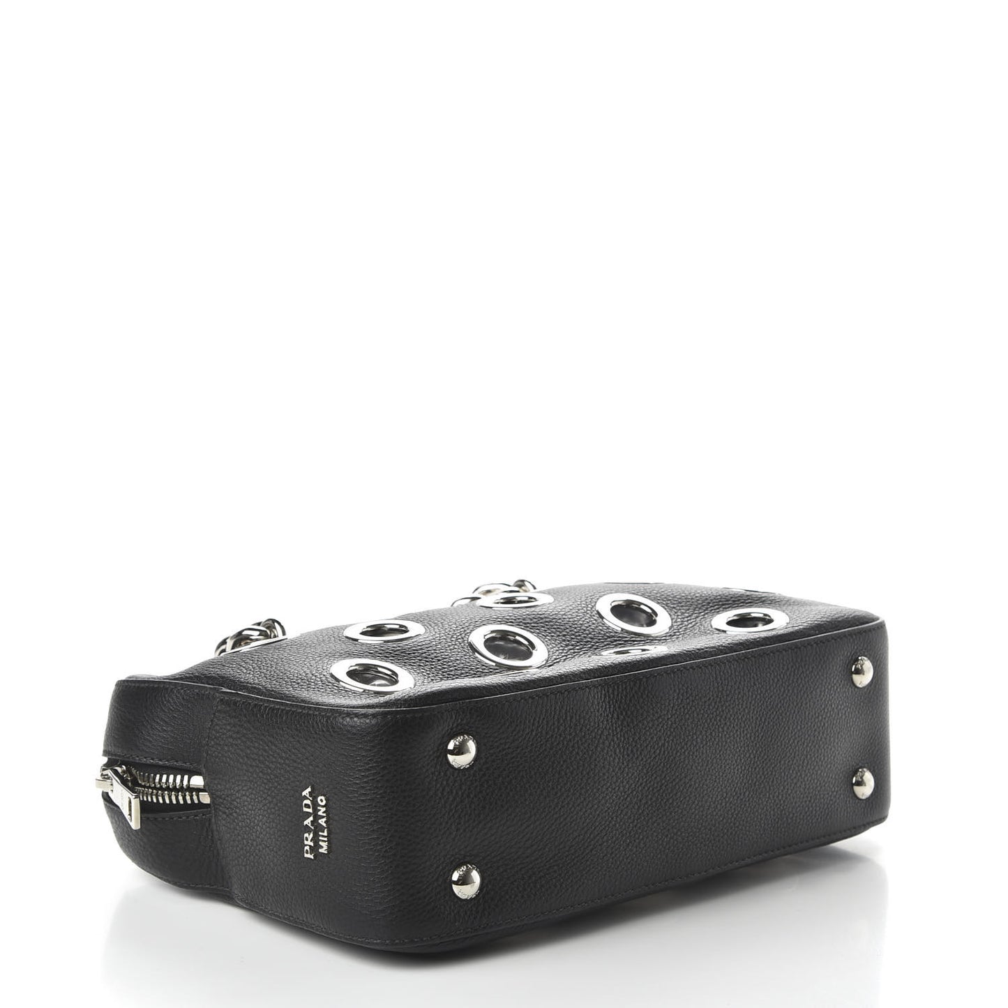 Vitello Daino Grommet Chain Satchel Bag Black