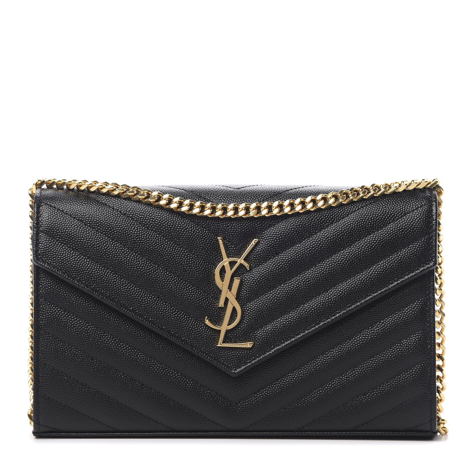 Saint Laurent Grain De Poudre Matelasse Chevron Monogram Chain Wallet Black 1 of 10