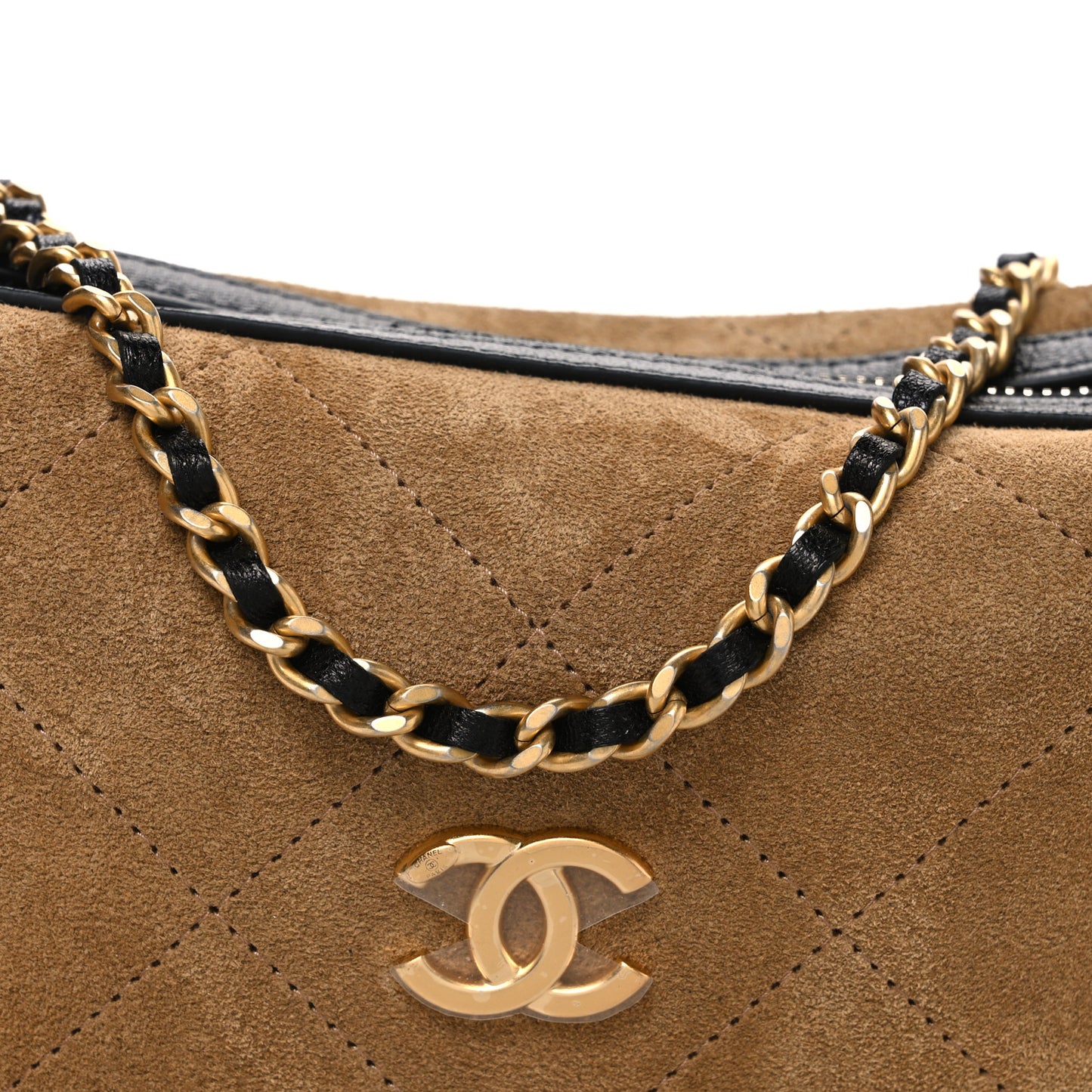 Suede Calfskin Shiny Lambskin Quilted Coco Base Hobo Clutch With Chain Beige Black