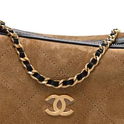 Chanel Suede Calfskin Shiny Lambskin Quilted Coco Base Hobo Clutch With Chain Beige Black 8 of 10