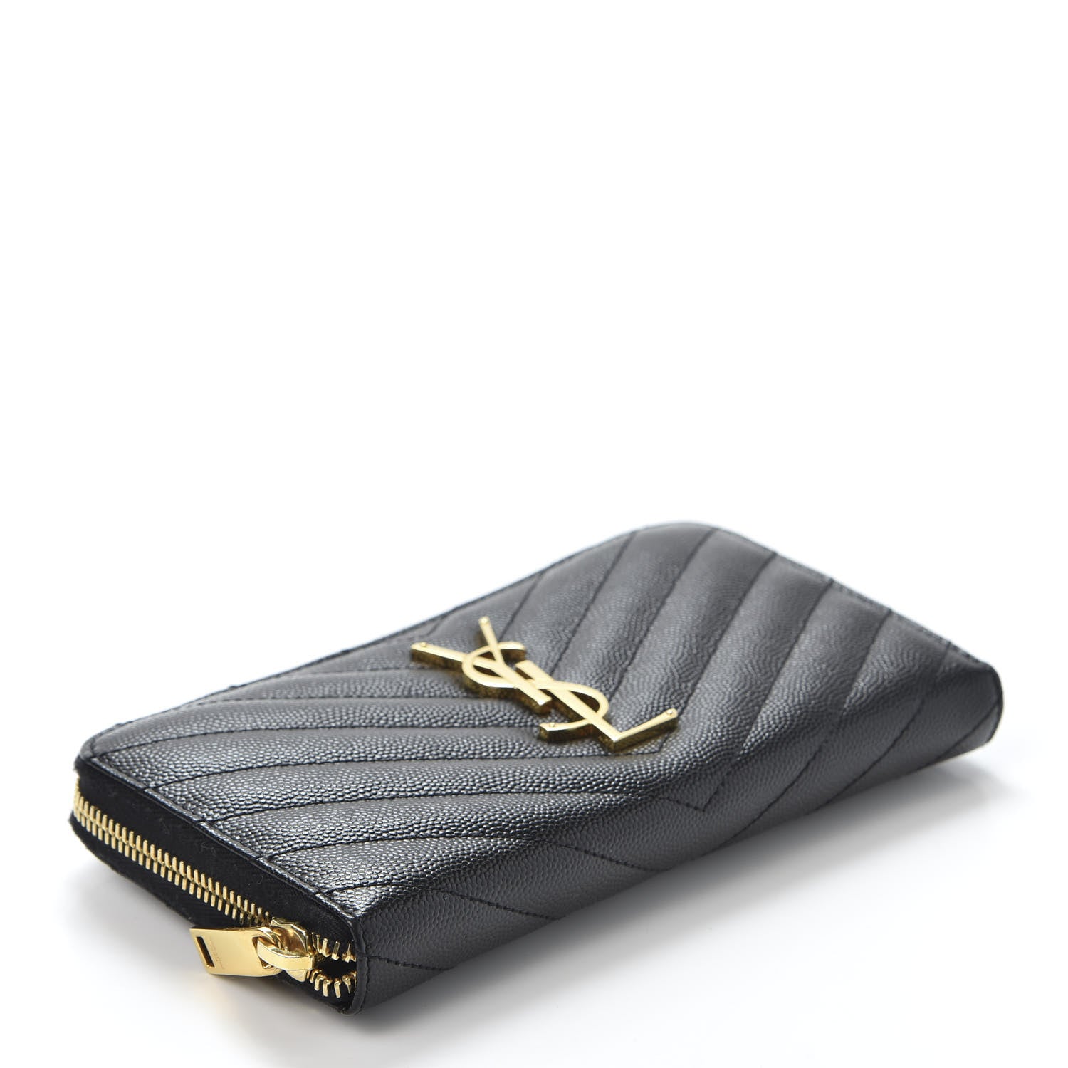 Saint Laurent Grain De Poudre Matelasse Chevron Monogram Zip Around Wallet Black 3 of 8