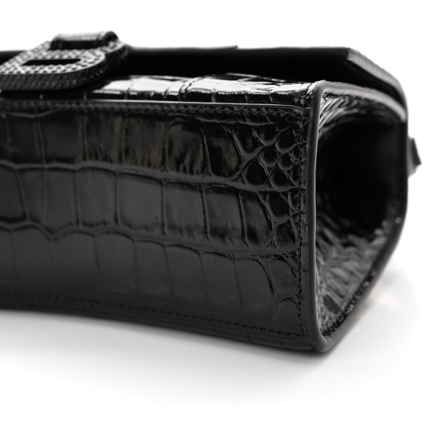 Shiny Calfskin Strass Monochrome Crocodile Embossed Hourglass Top Handle Bag XS Black