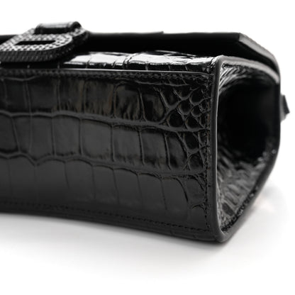 Balenciaga Shiny Calfskin Strass Monochrome Crocodile Embossed Hourglass Top Handle Bag XS Black 11 of 13