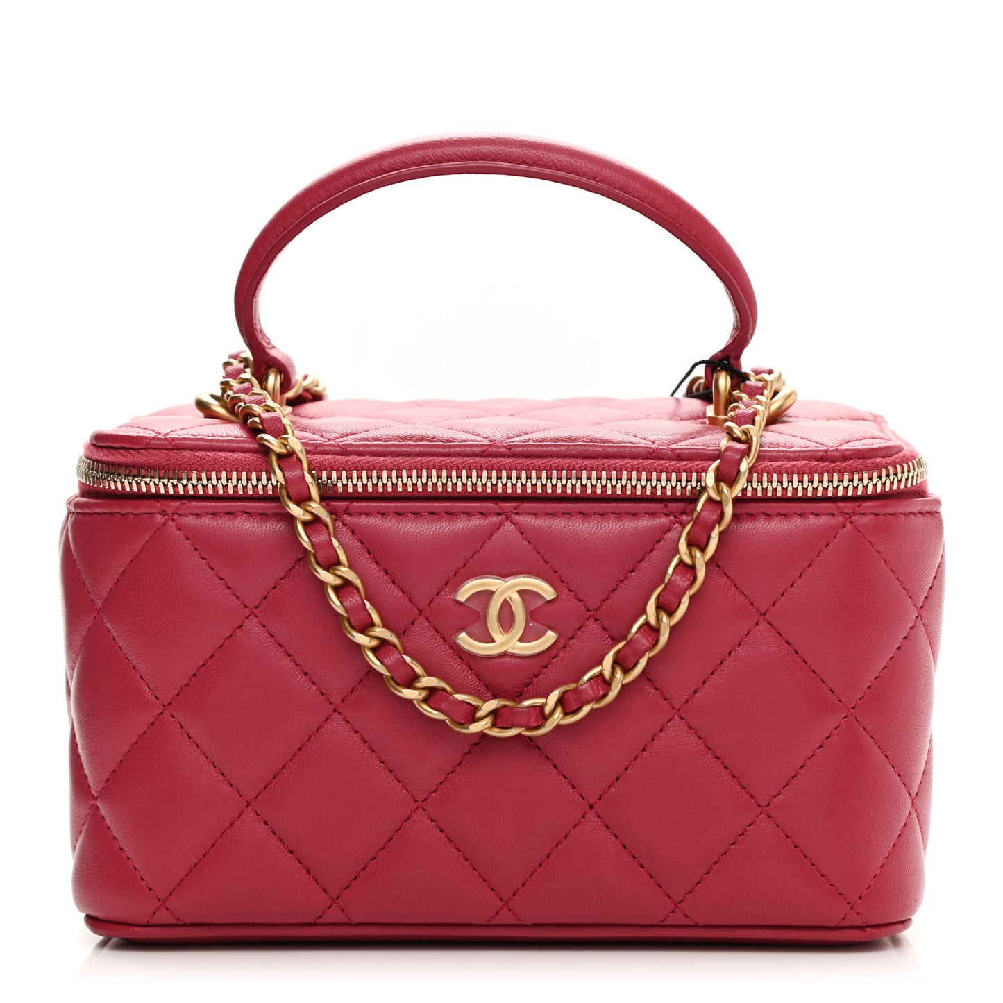 Lambskin Quilted Small Top Handle Vanity Case With Chain Dark Pink
