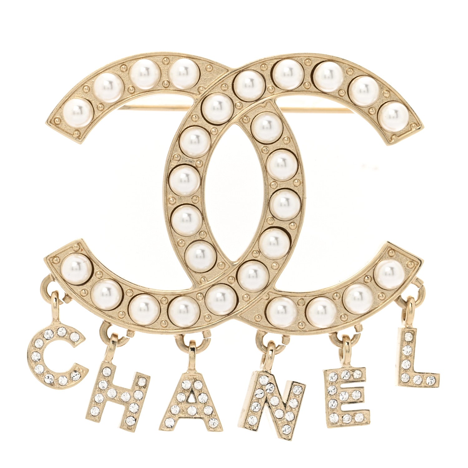 Chanel Crystal Pearl Signature Drop Brooch Gold 1 of 3