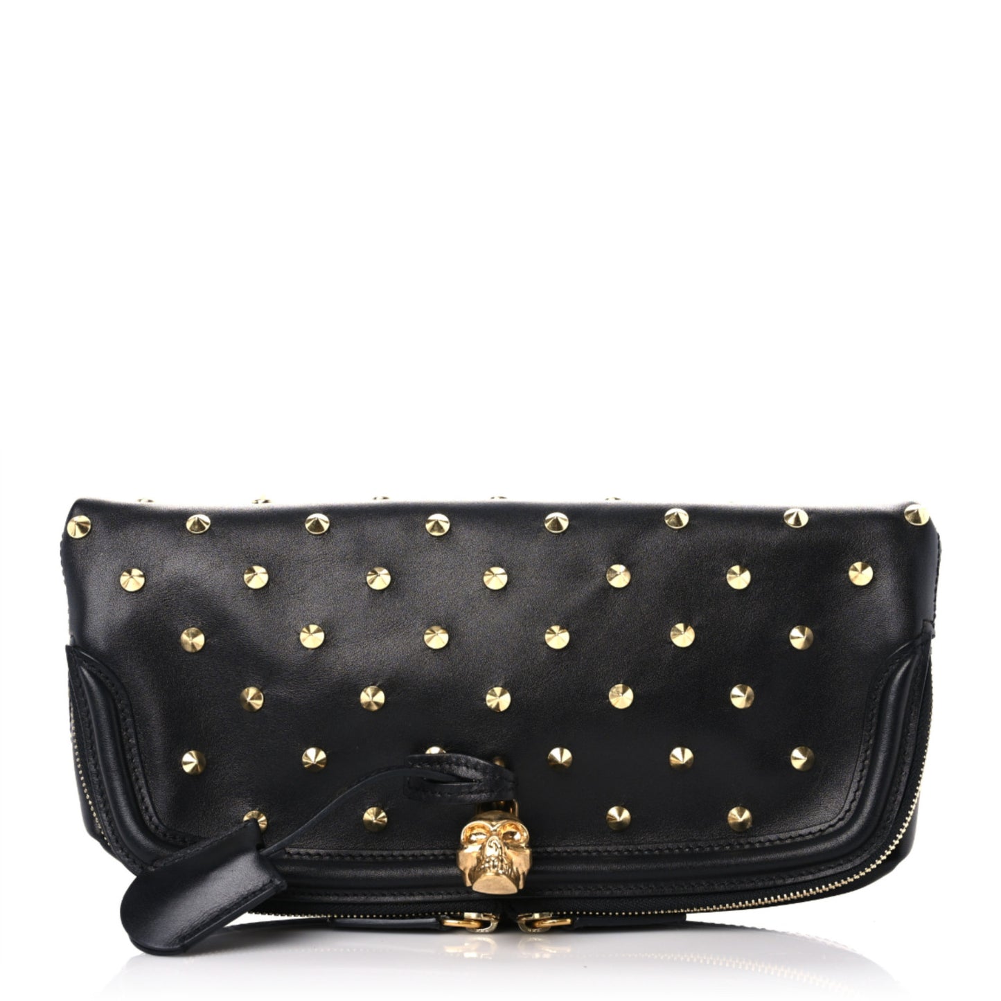 Grainy Calfskin Studded Padlock Skull Clutch Black