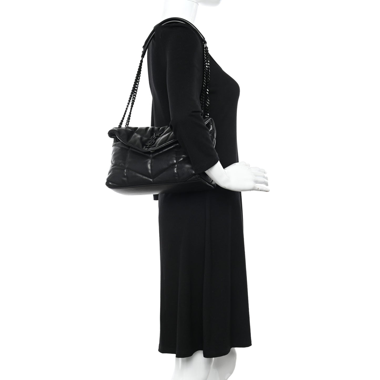 Lambskin Quilted Monogram Monochrome Small Loulou Puffer Chain Satchel Black
