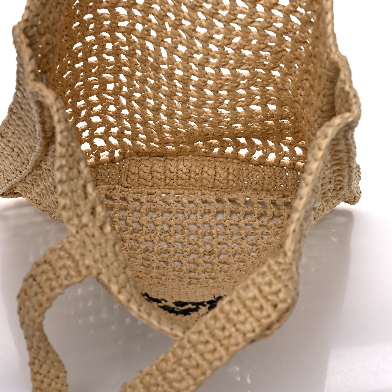 Prada Yarn Raffia Effect Crochet Logo Embroidered Tote Bag Naturale 5 of 9