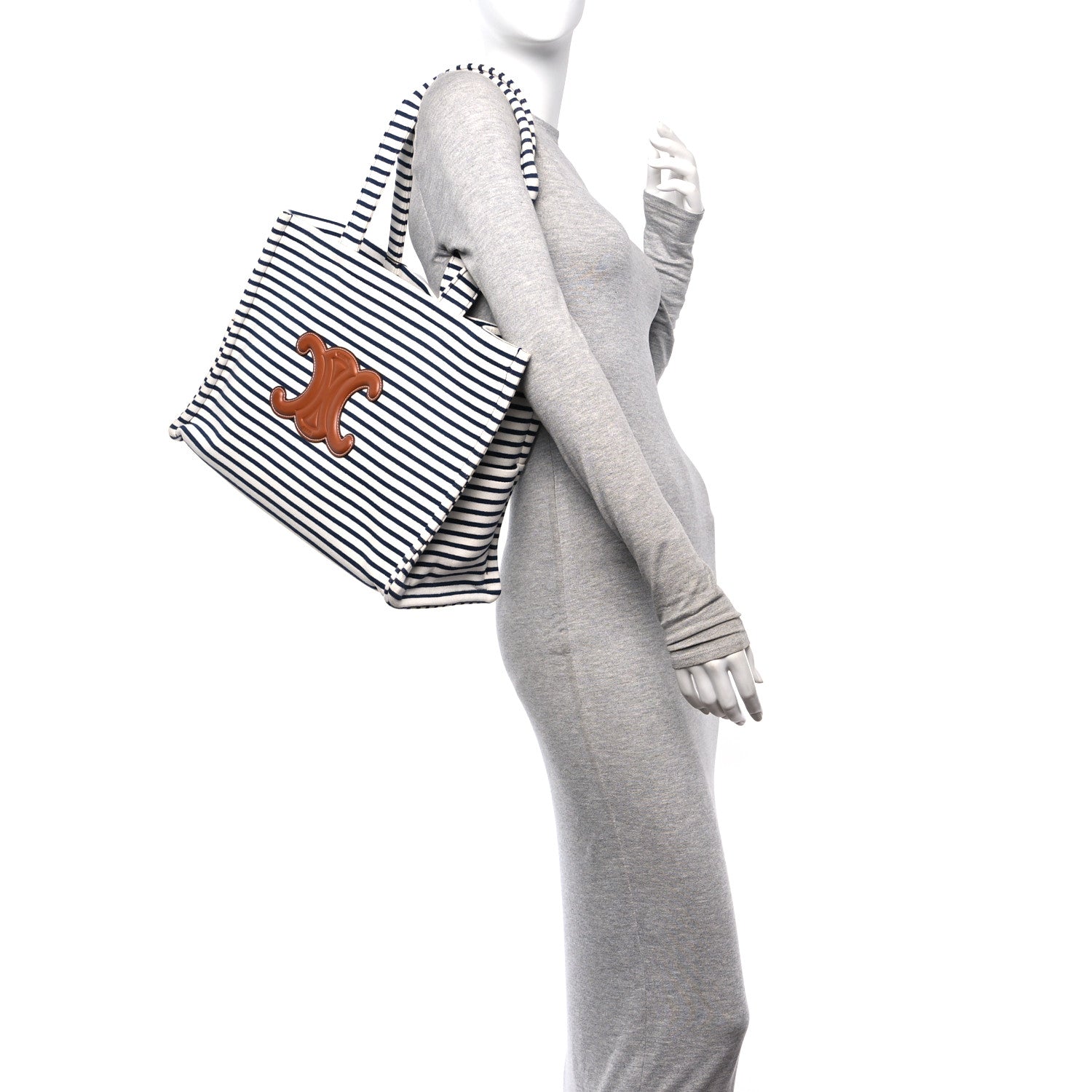 Celine Canvas Calfskin Striped Triomphe Cabas Navy 2 of 12