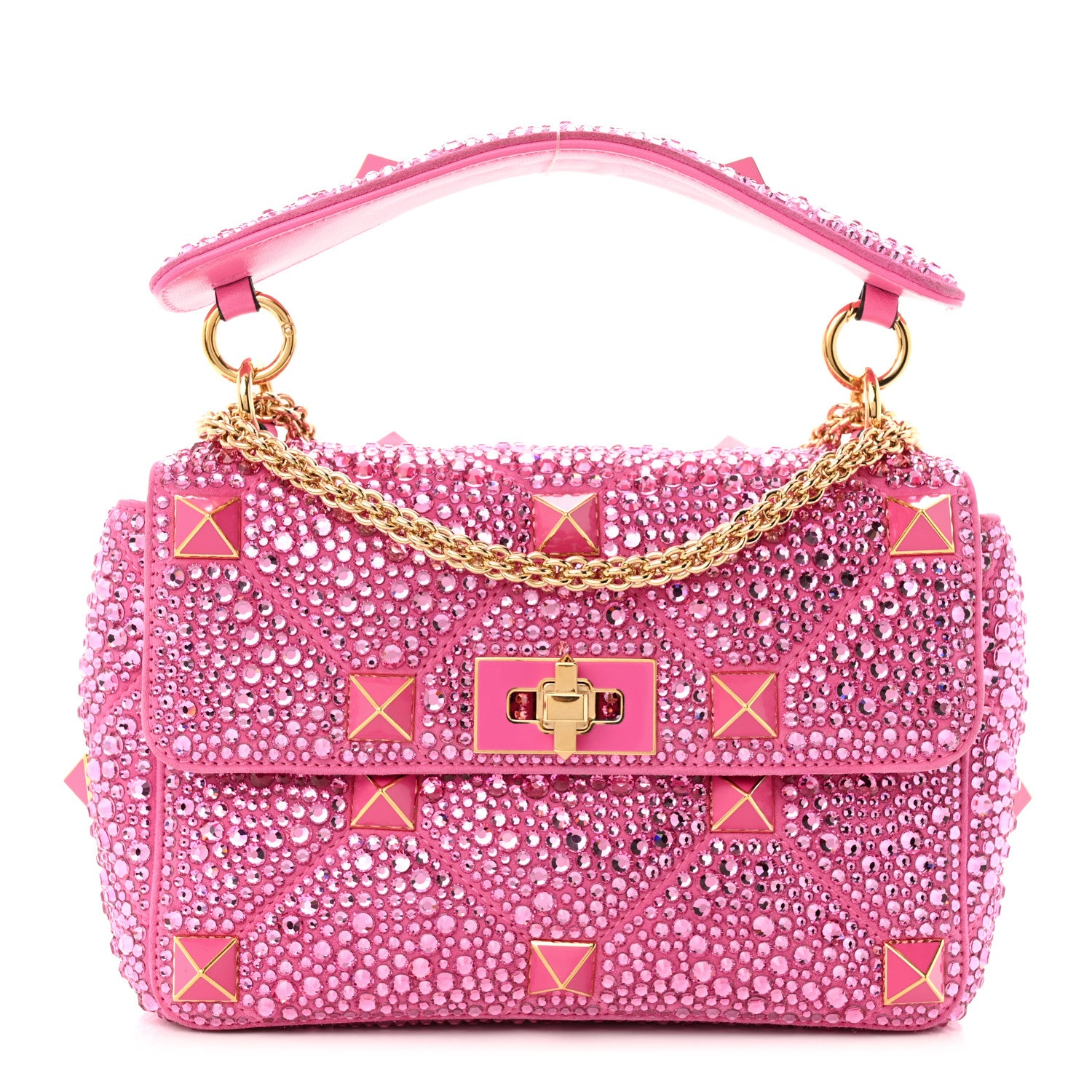 Valentino Garavani Crystal Suede Enamel Medium Roman Stud Shoulder Bag Pink PP 1 of 11