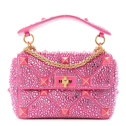 Valentino Garavani Crystal Suede Enamel Medium Roman Stud Shoulder Bag Pink PP 1 of 11