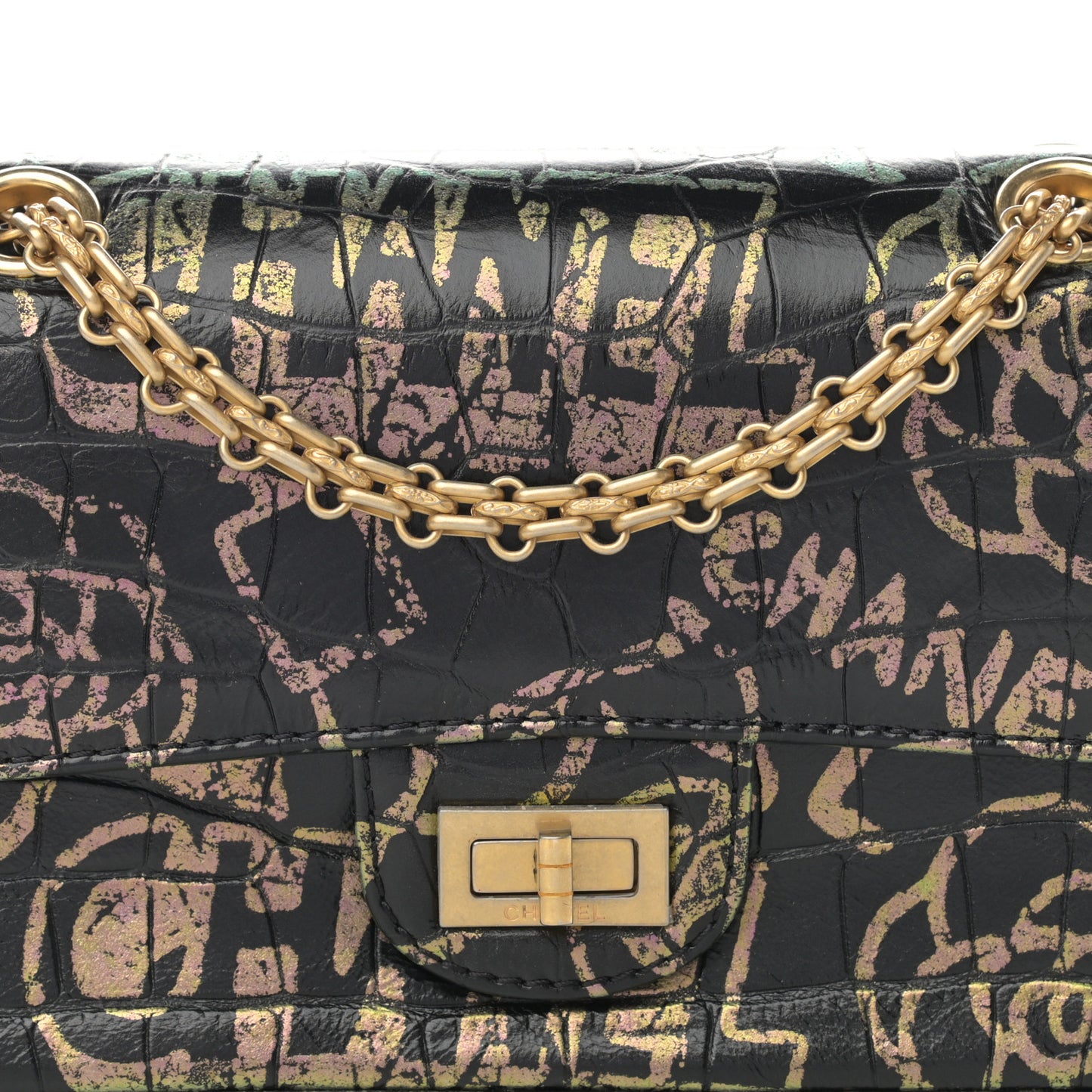 Calfskin Crocodile Embossed Graffiti 2.55 Mini Cocodile Reissue Flap Black Gold